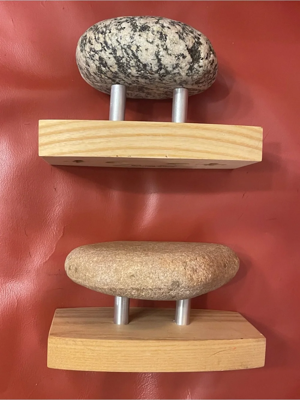 Natural Stone Wall Hooks with Wood Mounts - Red